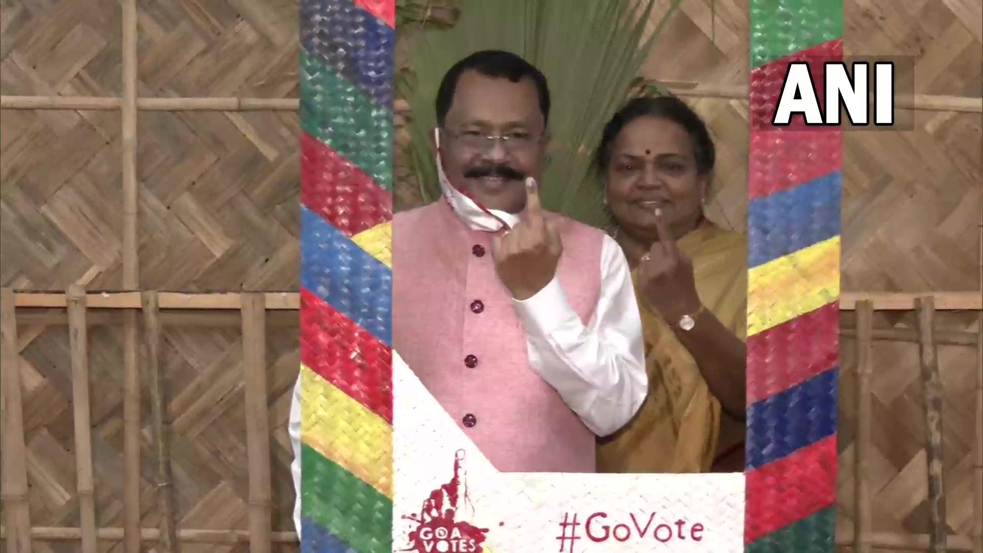 Goa governor PS Sreedharan Pillai and his wife Reetha Sreedharan cast their votes in Goa on Monday.