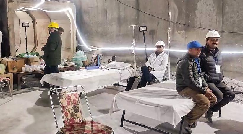 Medical set-up at the Silkyara tunnel as rescue operations for the 41 workers who are trapped inside near a completion, in Uttarkashi on Tuesday.  (ANI)