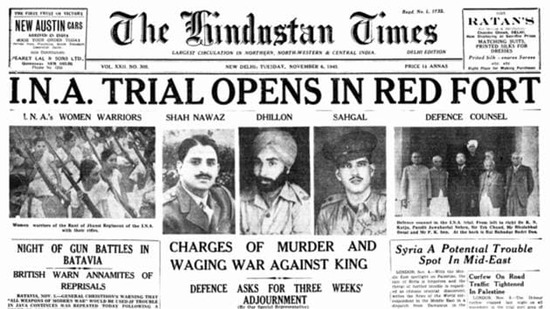 “One such movement was the protest that followed the government’s decision to hold public trials of the INA prisoners. In an incredibly stupid move, the British decided to hold the first of these trials in the Red Fort where they put in the dock a Hindu (PK Sehgal), a Muslim (Shah Nawaz), and a Sikh (Gurbaksh Singh Dhillon). The accused were defended by Tej Bahadur Sapru, Bhulabhai Desai, and Jawaharlal Nehru. For this momentous trial, Nehru donned his silk gown after twenty-five years. Even the Muslim League joined the protests.” (HT Archive) “One such movement was the protest that followed the government’s decision to hold public trials of the INA prisoners. In an incredibly stupid move, the British decided to hold the first of these trials in the Red Fort where they put in the dock a Hindu (PK Sehgal), a Muslim (Shah Nawaz), and a Sikh (Gurbaksh Singh Dhillon). The accused were defended by Tej Bahadur Sapru, Bhulabhai Desai, and Jawaharlal Nehru. For this momentous trial, Nehru donned his silk gown after twenty-five years. Even the Muslim League joined the protests.” (HT Archive)
