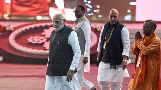 Prime Minister Narendra Modi on Friday inaugurated the three-day-long Uttar Pradesh Global Investors Summit 2023 in Lucknow. It is the flagship investment summit of the Uttar Pradesh government which is being held from February 10-12. (HT Photo/Deepak Gupta)
