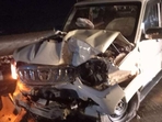 Pappu Yadav's vehicle badly damaged in the accident on Arrah-Buxar highway. Pappu Yadav's vehicle badly damaged in the accident on Arrah-Buxar highway.