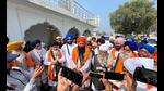 Haryana Sikh Gurdwara Management Committee members outside Gurdwara Neem Sahib in Kaithal on Tuesday. (HT Photo) Haryana Sikh Gurdwara Management Committee members outside Gurdwara Neem Sahib in Kaithal on Tuesday. (HT Photo)