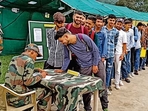Aspirants stand in a queue to register themselves under the Agnipath recruitment scheme, at Surankote, in Poonch (Rahi Kapoor) Aspirants stand in a queue to register themselves under the Agnipath recruitment scheme, at Surankote, in Poonch (Rahi Kapoor)