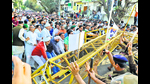 Sarpanches clashing with police at Housing Board Chowk near the Chandigarh-Panchkula border on Wednesday. (HT Photo) Sarpanches clashing with police at Housing Board Chowk near the Chandigarh-Panchkula border on Wednesday. (HT Photo)