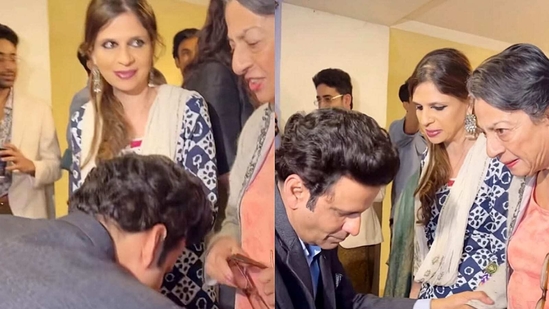 Manoj Bajpayee touched Tanuja's feet at an event. Manoj Bajpayee touched Tanuja's feet at an event.