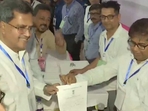Tripura chief minister Manik Saha receives winning certificate from Election Commission officials after winning from Town Bardowali constituency.(Twitter/ANI) Tripura chief minister Manik Saha receives winning certificate from Election Commission officials after winning from Town Bardowali constituency.(Twitter/ANI)