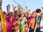 Bharatiya Janata Party (BJP) supporters celebrate during the counting of votes of the Tripura Assembly elections, at Dharmanagar in North Tripura district,(PTI) Bharatiya Janata Party (BJP) supporters celebrate during the counting of votes of the Tripura Assembly elections, at Dharmanagar in North Tripura district,(PTI)