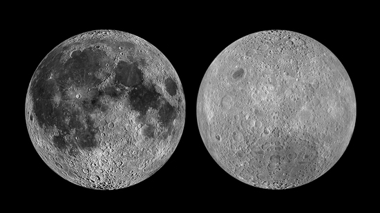 Images of the far side of the moon show a vastly different landscape - pitted with craters (above right) and with none of the dark volcanic patches so familiar to us on the near side (above left). (NASA / Goddard Space Flight Center / Arizona State University) Images of the far side of the moon show a vastly different landscape - pitted with craters (above right) and with none of the dark volcanic patches so familiar to us on the near side (above left). (NASA / Goddard Space Flight Center / Arizona State University)