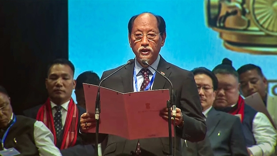 Nationalist Democratic Progressive Party (NDPP) leader Neiphiu Rio takes oath as Nagaland Chief Minister, at a ceremony in Kohima, Tuesday.(PTI) Nationalist Democratic Progressive Party (NDPP) leader Neiphiu Rio takes oath as Nagaland Chief Minister, at a ceremony in Kohima, Tuesday.(PTI)