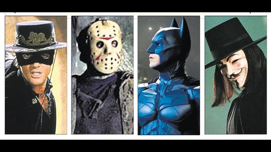 (Left to right) Antonio Banderas in The Mask of Zorro (1998). The character Jason Voorhees from Friday the 13th (1980). Christian Bale as Batman in The Dark Knight Rises (2012). V, an anar-chist freed-om fighter, wears the Guy Fawkes-inspired mask in V for Vendetta (2005). (Left to right) Antonio Banderas in The Mask of Zorro (1998). The character Jason Voorhees from Friday the 13th (1980). Christian Bale as Batman in The Dark Knight Rises (2012). V, an anar-chist freed-om fighter, wears the Guy Fawkes-inspired mask in V for Vendetta (2005).