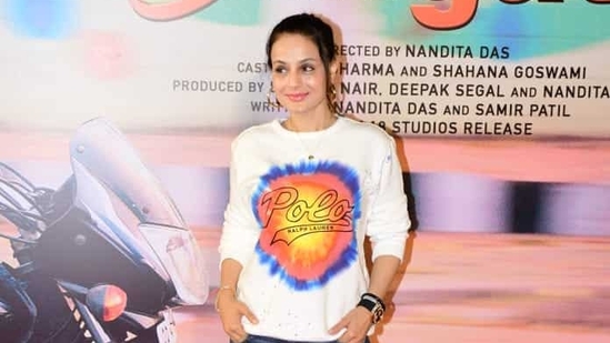Ameesha Patel made a rare appearance at the Zwigato screening on Friday. She arrived in a white tee and denim shorts. She will now be seen in Gadar 2. (Varinder Chawla)