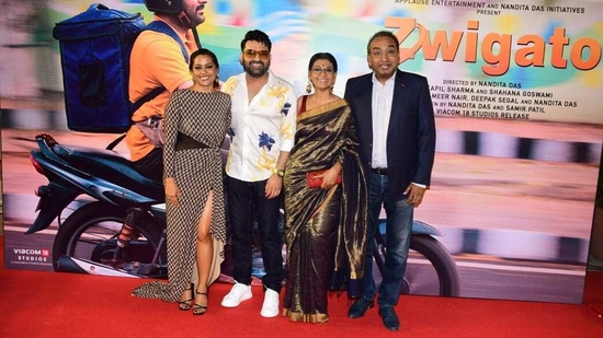 Kapil Sharma and Shahana Goswami, who play the lead couple in Zwigato, joined director Nandita Das at the star-studded film screening on Thursday. (Varinder Chawla)