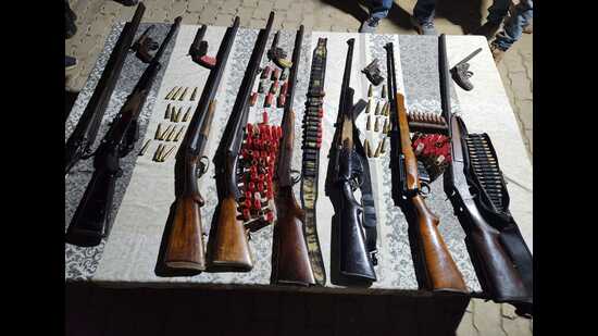 Recovered weapons during the raid on Abdul Kavi’s father-in-law’s residence in Kaushambi on Saturday (HT)