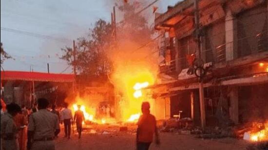 A clash broke out between the two groups during a Ram Navami procession on Friday (Twitter Photo) A clash broke out between the two groups during a Ram Navami procession on Friday (Twitter Photo)