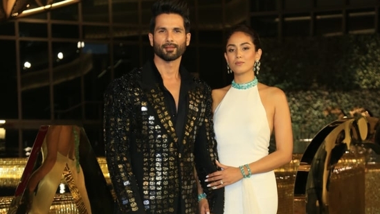 Shahid Kapoor and Mira Rajput too made a powerful appearance in black and white. While Shahid wore black formals with a metallic blazer, Mira wore a white gown with a train. (Varinder Chawla)