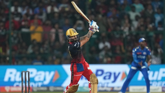 Virat Kohli plays a shot during the IPL 2023 match between Royal Challengers Bangalore and Mumbai Indians at M Chinnaswamy Stadium in Bengaluru,(PTI)