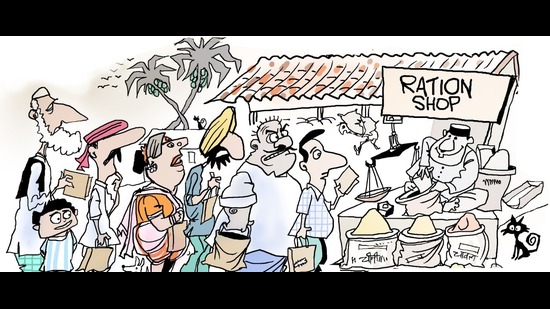 The older generation, even in affluent homes, remember visiting ration shops to buy commodities such as cooking oil and sugar. Most middle-class Indians under 45 have probably never seen a ration card. (HT Illustration: Jayanto Banerjee) The older generation, even in affluent homes, remember visiting ration shops to buy commodities such as cooking oil and sugar. Most middle-class Indians under 45 have probably never seen a ration card. (HT Illustration: Jayanto Banerjee)