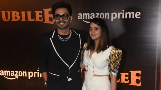Aparshakti Khurana, who plays Binod Das in Jubilee, attended the show screening with wife Akriti Khurana. The couple was dressed in contrasting black and white. (Varinder Chawla)