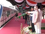 PM Modi flagging off Chennai-Coimbatore Vande Bharat Express in Chennai on Saturday.(source:Twitter/@BJP4India) PM Modi flagging off Chennai-Coimbatore Vande Bharat Express in Chennai on Saturday.(source:Twitter/@BJP4India)