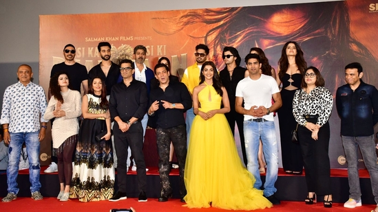 Singers Sukhbir, Palak Muchhal, boxer Vijender Singh also joined Kisi Ka Bhai Kisi Ki Jaan trailer launch on Monday. The film has been shot in Mumbai, Hyderabad and Ladakh. Jagapathi Babu also stars in the film and was present at the event. (Varinder Chawla)