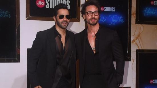 Varun Dhawan and Tiger Shroff posed together for the paparazzi. Varun's Bhediya 2 was announced at the event. (Varinder Chawla)