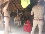 Kasganj police in village Baghel Phukta of third shooter Arun Maurya and interrogating with his aunt . Photo HT Kasganj police in village Baghel Phukta of third shooter Arun Maurya and interrogating with his aunt . Photo HT