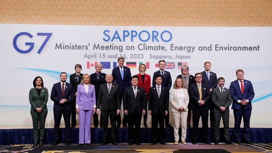 G-7 ministers on climate, energy and environment pose for a photo during its photo session in Sapporo, northern Japan, Saturday, April 15, 2023.(AP) G-7 ministers on climate, energy and environment pose for a photo during its photo session in Sapporo, northern Japan, Saturday, April 15, 2023.(AP)