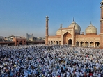A view of Delhi's Jama Masjid on the occasion of Eid. Huge crowd of people offer namaz at the Masjid on this significant day. (ANI) A view of Delhi's Jama Masjid on the occasion of Eid. Huge crowd of people offer namaz at the Masjid on this significant day. (ANI)