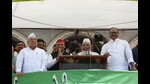 Deputy chief minister Brajesh Pathak and Samajwadi Party chief Akhilesh Yadav shared stage at Aishbagh Eidgah. (Deepak Gupta) Deputy chief minister Brajesh Pathak and Samajwadi Party chief Akhilesh Yadav shared stage at Aishbagh Eidgah. (Deepak Gupta)