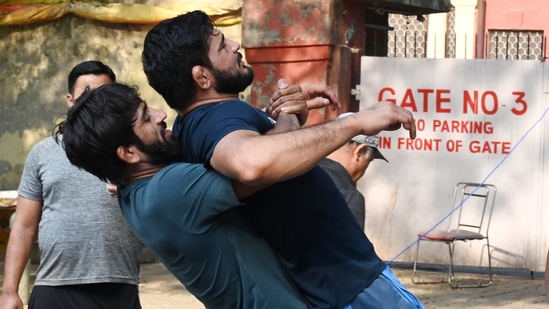 Bajrang Punia seen lifting another wrestler during practice on Thursday. (Vipin Kumar/ Hindustan Times)