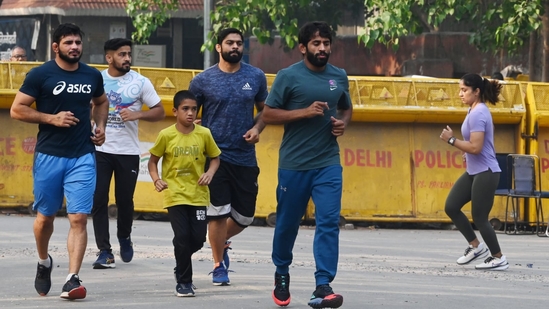 Bajrang Punia seen with fellow wresters during morning practice session. (Vipin Kumar/ Hindustan Times)