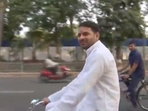 Tej Pratap Yadav seen riding a cycle in Patna on Friday. (ANI) Tej Pratap Yadav seen riding a cycle in Patna on Friday. (ANI)