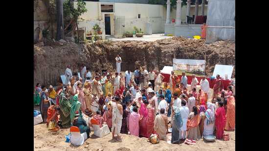 Foundation stone laying ceremony of the temple underway in Prayagraj. (HT PHOTO) Foundation stone laying ceremony of the temple underway in Prayagraj. (HT PHOTO)