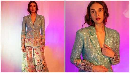 Aditi Rao Hydari is the queen of elegance and grace. She can make any outfit stand out with the way she carries herself. She recently dropped jaws at HT India's Most Stylish 2023 donning a floral blue blazer dazzling set. (Instagram/@aditiraohydari)