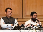 Maharashtra chief minister Eknath Shinde with his deputy Devendra Fadnavis addresses a press conference after Supreme Court's verdict. (HT Photo by Anshuman Poyrekar) Maharashtra chief minister Eknath Shinde with his deputy Devendra Fadnavis addresses a press conference after Supreme Court's verdict. (HT Photo by Anshuman Poyrekar)