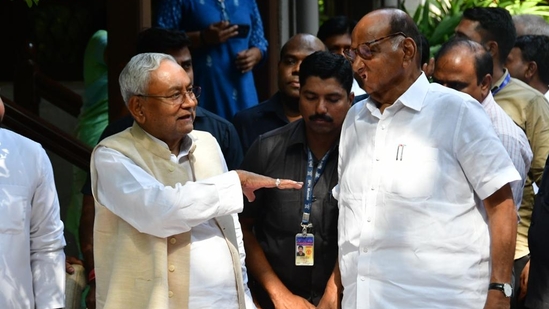 Bihar chief minister Nitish Kumar with NCP president Sharad Pawar at latter's Silver Oak residence in Mumbai on Thursday, 12 May 2023. (Photo by Bhushan Koyande) Bihar chief minister Nitish Kumar with NCP president Sharad Pawar at latter's Silver Oak residence in Mumbai on Thursday, 12 May 2023. (Photo by Bhushan Koyande)