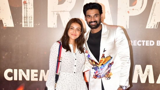 Kajal Aggarwal, who has featured in several Telugu films, came to support Telugu actor Bellamkonda Sreenivas who made his debut in Hindi cinema with Chatrapathi. (Varinder Chawla)