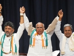 Congress president Mallikarjun Kharge with former Karnataka CM Siddaramaiah and Karnataka Congress President DK Shivakumar. (PTI)(HT_PRINT) Congress president Mallikarjun Kharge with former Karnataka CM Siddaramaiah and Karnataka Congress President DK Shivakumar. (PTI)(HT_PRINT)