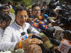 Senior Congress leader Randeep Surjewala addresses the media gathered outside the residence of party President Mallikarjun Kharge, in New Delhi, Wednesday, May 17, 2023.(PTI) Senior Congress leader Randeep Surjewala addresses the media gathered outside the residence of party President Mallikarjun Kharge, in New Delhi, Wednesday, May 17, 2023.(PTI)