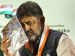 Karnataka Congress President DK Shivakumar ahead of the party's release of the manifesto for the Karnataka Assembly elections,(PTI) Karnataka Congress President DK Shivakumar ahead of the party's release of the manifesto for the Karnataka Assembly elections,(PTI)