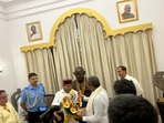 Karnataka Congress leaders Siddaramaiah and DK Shivakumar meet governor Governor Thawar Chand Gehlot. Karnataka Congress leaders Siddaramaiah and DK Shivakumar meet governor Governor Thawar Chand Gehlot.