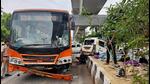 The wrecked cluster bus, along with a cab and a motorcycle it rammed into, at the Masih Garh Chowk near New Friends Colony on Wednesday. (ANI) The wrecked cluster bus, along with a cab and a motorcycle it rammed into, at the Masih Garh Chowk near New Friends Colony on Wednesday. (ANI)