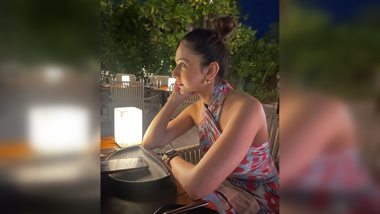 Rakul Preet accessorised her look with gold earrings and a watch and opted for minimal makeup.(Instagram/@rakulpreet)