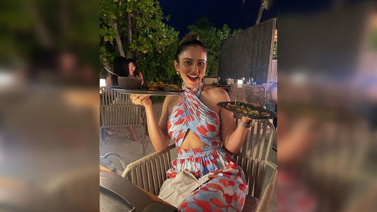Rakul Preet accessorised her look with gold earrings and a watch and opted for minimal makeup. (Instagram/@rakulpreet)