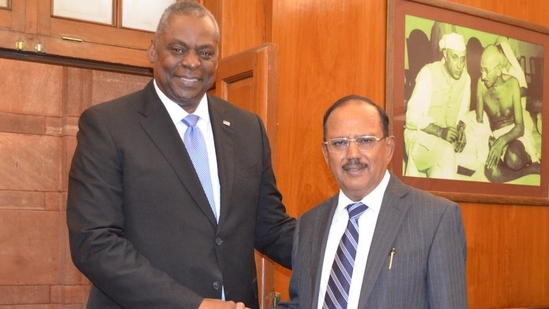 NSA Ajit Doval and US secretary of defence Lloyd Austin in New Delhi on Monday. NSA Ajit Doval and US secretary of defence Lloyd Austin in New Delhi on Monday.