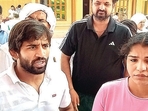 Wrestlers Bajrang Punia and Sakshi Malik in Sonepat on Saturday. (PTI) Wrestlers Bajrang Punia and Sakshi Malik in Sonepat on Saturday. (PTI)