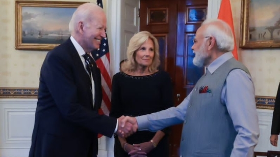 PM Modi along with US president Joe Biden and First Lady Jill Biden.(HT Photo) PM Modi along with US president Joe Biden and First Lady Jill Biden.(HT Photo)