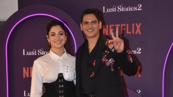 Tamannaah Bhatia and Vijay Varma stole attention at the Lust Stories 2 premiere where they posed together as a couple. The anthalogy has Tamannaah kissing on screen for the first time. And Vijay is her co-star in the film.&nbsp;(Varinder Chawla)
