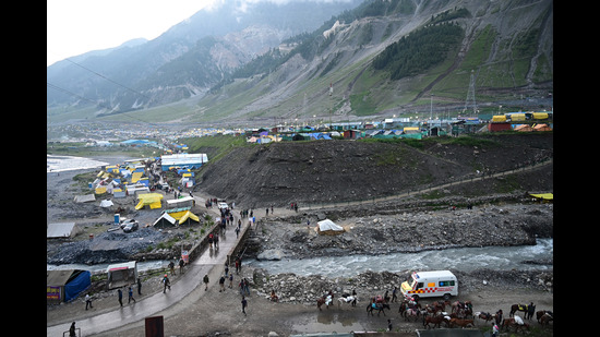 A view of Baltal base camp on Friday. (Waseem Andrabi/Ht) A view of Baltal base camp on Friday. (Waseem Andrabi/Ht)
