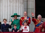 From left: Princess Anne, Prince George, Kate, Princess of Wales, Prince Louis, Prince William, Princess Charlotte, King Charles III and Camilla, the Queen Consort, greet the crowd from the balcony of Buckingham Palace after the Trooping The Colour parade, in London, Saturday, June 17, 2023. Trooping the Colour is the King's Birthday Parade and one of the nation's most impressive and iconic annual events attended by almost every member of the Royal Family.(AP Photo/Alastair Grant)(AP) From left: Princess Anne, Prince George, Kate, Princess of Wales, Prince Louis, Prince William, Princess Charlotte, King Charles III and Camilla, the Queen Consort, greet the crowd from the balcony of Buckingham Palace after the Trooping The Colour parade, in London, Saturday, June 17, 2023. Trooping the Colour is the King's Birthday Parade and one of the nation's most impressive and iconic annual events attended by almost every member of the Royal Family.(AP Photo/Alastair Grant)(AP)